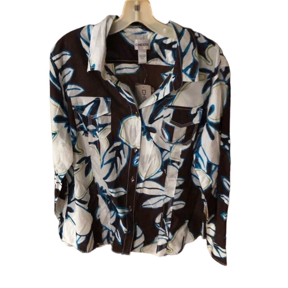 Chico’s XL 14-16 brown tropical print button down shirt pockets Chico’s size 3 - Picture 2 of 8